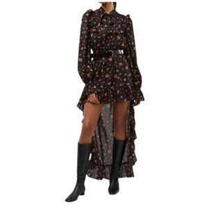 High Low Ruffle Dress Black Multi Floral Chiffon Long Sleeve Detachable Slip M